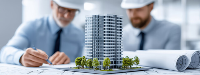 Professional architects examining a detailed architectural model of a modern high-rise building with technical blueprints on a table in the office setting