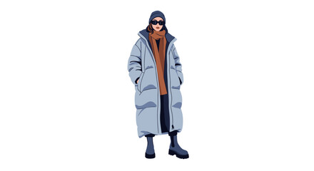 Obraz premium Flat vector of a woman wearing a puffy oversized winter coat, scarf, and chunky boots