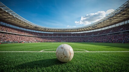 A solitary soccer ball awaits the whistle on the pristine green field before a colossal stadium overflowing with passionate fans ready for the electric atmosphere of the big game