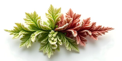 Detailed floral arrangement in green and coral hues against a white background offering a