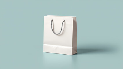 Clean Glossy White Paper Shopping Bag with Grey Rope Handles on a Soft Light Blue Background, Perfect for Retail Branding, Gifts, and Product Packaging Mockups.