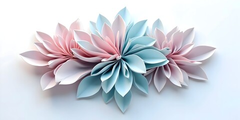 Elegant floral arrangement featuring delicate pink and light blue paper flowers on white