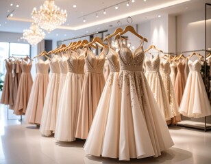 elegant dresses hanging on hangers in a clothing store