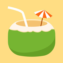 Tropical Delight: A refreshing coconut drink, adorned with a straw and a charming umbrella, offers a taste of paradise, with its refreshing essence.