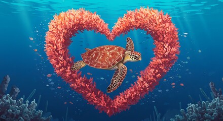 Sea Turtle Love: An Underwater Heart of Coral