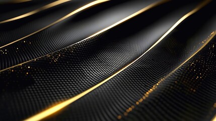 Sleek black carbon fiber surface is accentuated with golden stripes and glittering light particles