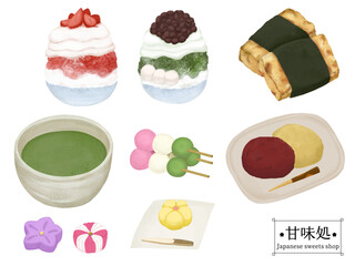 甘味処のお品書きの色鉛筆タッチのイラスト