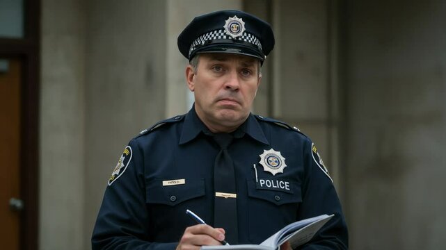Police officer writing a report. Serious middle-aged caucasian male cop in uniform taking notes on a notepad outdoors.
