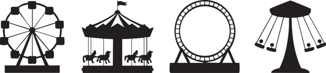 Collection of amusement park rides in a clean black silhouette style