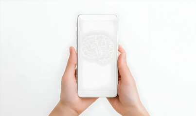 Hands Holding Smartphone with Abstract Brain Illustration on Screen