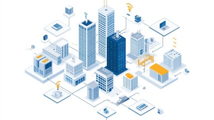 Fototapeta premium Modern Cityscape Digital Illustration with Abstract Buildings, Technology, and Connectivity Elements Representing Urban Infrastructure and Smart City Concepts