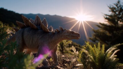 Stegosaurus roaming in prehistoric sunrise landscape scene