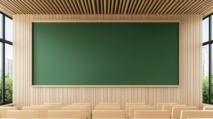 Modern Classroom Interior with Chalkboard and Wooden Furniture