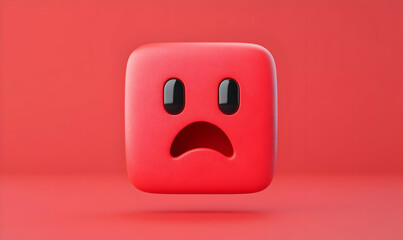Red Cube Icon with Sad Face Expression on a Smooth Background