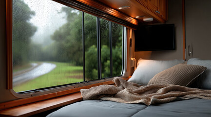 Cozy bed soft blanket large window rainy day luxury RV nature peaceful relaxation travel comfort