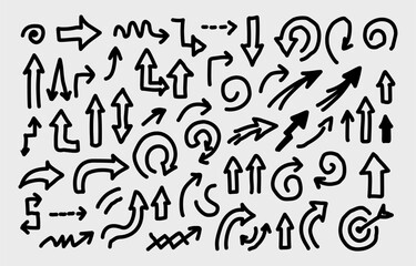 collection of hand-drawn arrow doodles. Various directions, loops, and curved sketch-style arrows. Perfect for infographic elements, creative design, or decorative touches in presentations and digital