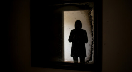 An old, tarnished mirror, reflecting only darkness or a vague, distorted figure not actually present in the room. The reflection is unsettling, suggesting a doorway to another place or an observing en