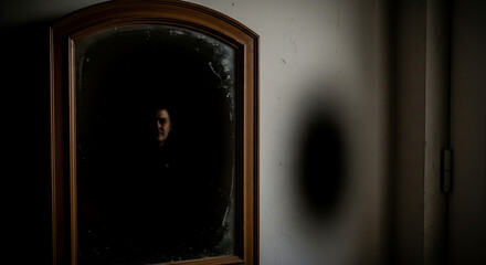 An old, tarnished mirror, reflecting only darkness or a vague, distorted figure not actually present in the room. The reflection is unsettling, suggesting a doorway to another place or an observing en