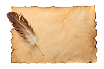 A brown feather rests on a cracked aged parchment with burnt edges evoking a sense of history and writing