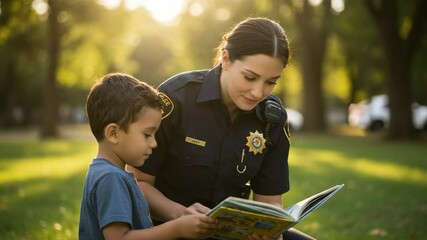 A kind female police officer reading a book with a young boy in a sunny park. Community policing and building trust.