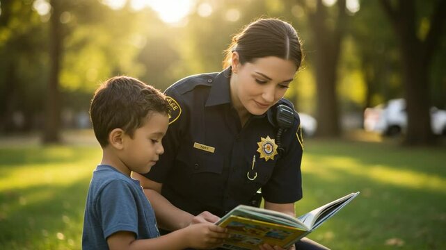 A kind female police officer reading a book with a young boy in a sunny park. Community policing and building trust.