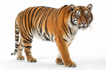 Fototapeta premium Majestic bengal tiger with striking orange and black stripes walks confidently against a clean white background