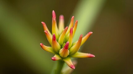 An extreme macro close-up of Red Shoots plant, showcasing minute details, sharp focus