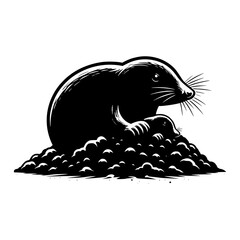 Stylized black and white illustration of two moles on a mound of dirt
