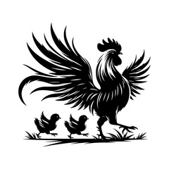 Fototapeta premium Majestic rooster leads two chicks through grassy field in silhouette