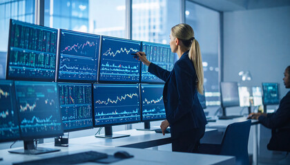 Professional female investor reviewing market trends and stock data.