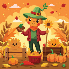 Halloween illustration of a boy and scarecrow with pumpkins, autumn leaves, and a witch's hat, perfect for a fall harvest celebration design