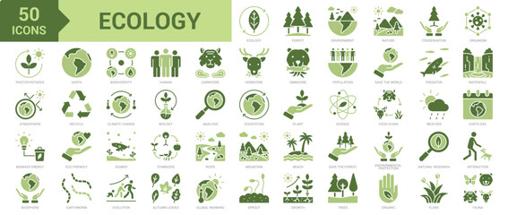 Ecology icon collection set. Containing forest, environment, nature, conservation, organism, photosynthesis, atmosphere, biomass energy, biosphere, earth, biodiversity, nature icon. Simple flat vector