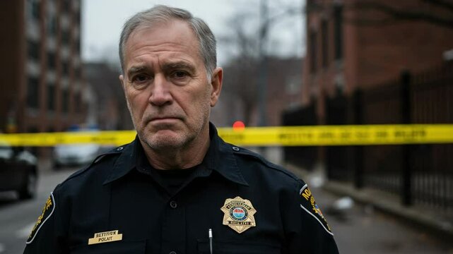 Somber middle-aged Caucasian policeman in uniform at an urban crime scene. A serious law enforcement officer looking down with yellow tape in the background.