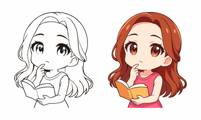 Cute girl reading a book coloring page for kids
