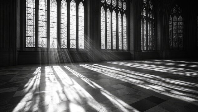 Sunlight streams through stained-glass windows in a grand cathedral
