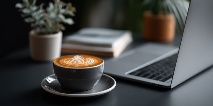 Enhance productivity minimalist workspace with coffee and laptop in vibrant urban setting for focused work