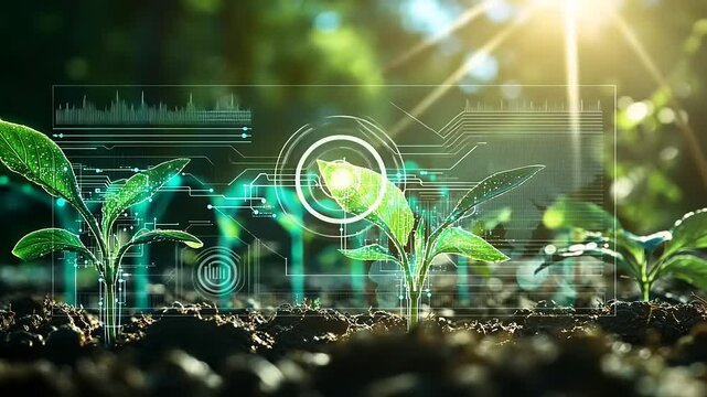 Modern technology enhances plant growth in a sunlit garden, showcasing nature and innovation