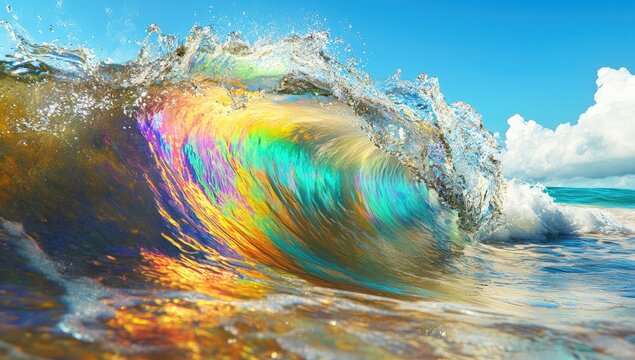 Rainbow wave cresting in ocean