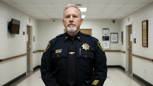 Serious middle-aged Caucasian police chief in uniform standing in a station hallway. Portrait of an authoritative law enforcement officer.