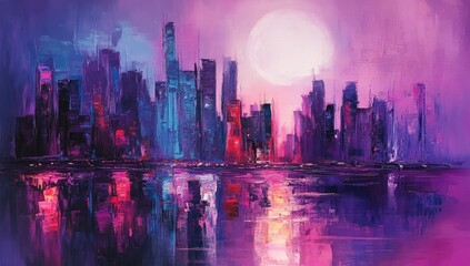Abstract city skyline at night, vibrant colors, large buildings, reflective water, full moon