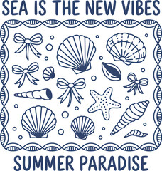 Doodle art of seashells bows and starfish with a decorative border on a pink background art print