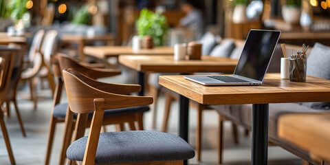 Embracing minimalism working with coffee and laptop in a modern urban coffee shop interior