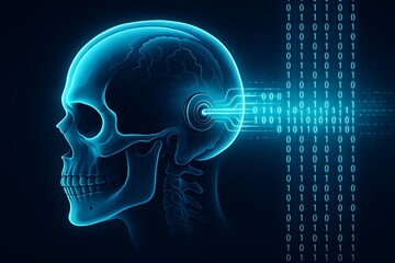 Obraz premium Data stream entering skull via neural port, futuristic brain-data interface
