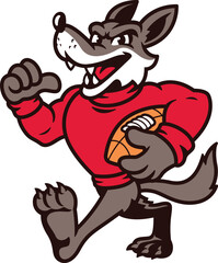 Obraz premium Cartoon wolf mascot character playing American football in retro vintage style college sports theme