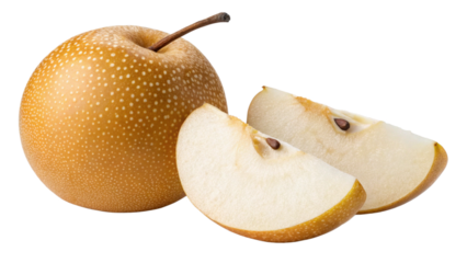 Fresh asian pear fruit whole and sliced healthy eating isolated on black background stock photo image