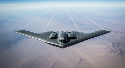 B-2 Spirit Stealth Bomber Flying Over Desert Landscape with Trails