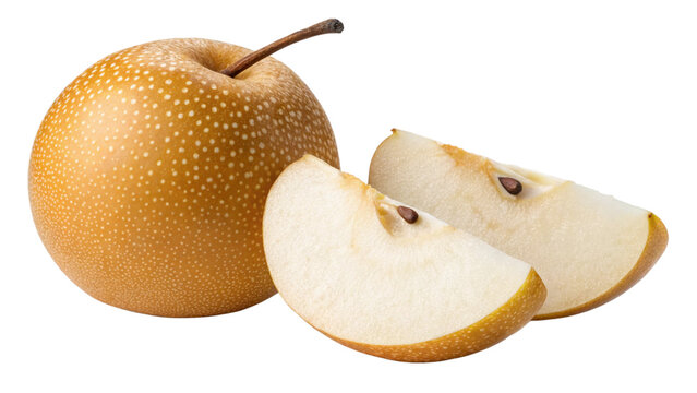 Fresh asian pear fruit whole and sliced healthy eating isolated on black background stock photo image