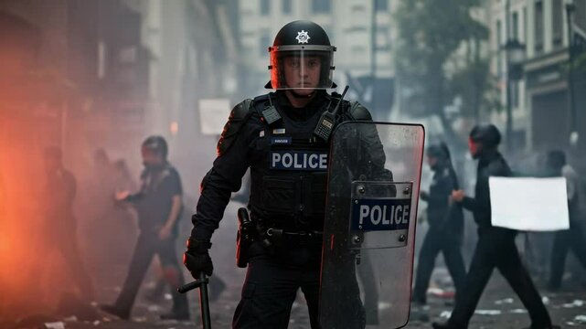 POLICE. Female riot police officer in protective gear standing on a city street during a violent protest. Law enforcement maintaining order amidst chaos and conflict.