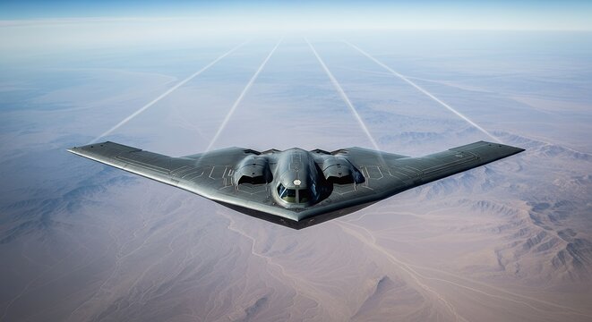 B-2 Spirit Stealth Bomber Flying Over Desert Landscape with Trails