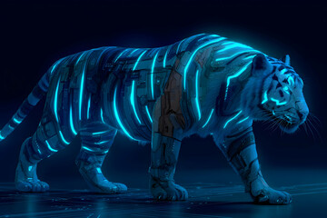 Futuristic Cyberpunk Tiger Neon Blue Stripes Glowing Style Visual.